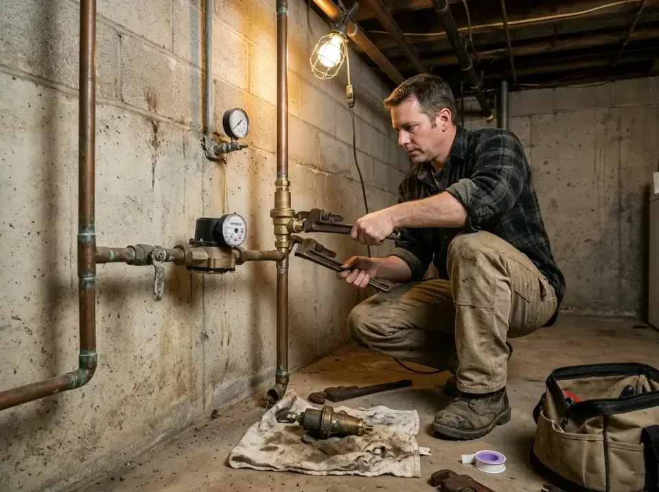 Plumber — Basement — Plumber, Copper Pipe, Water Meter, Basement, Low Water Pressure Repair